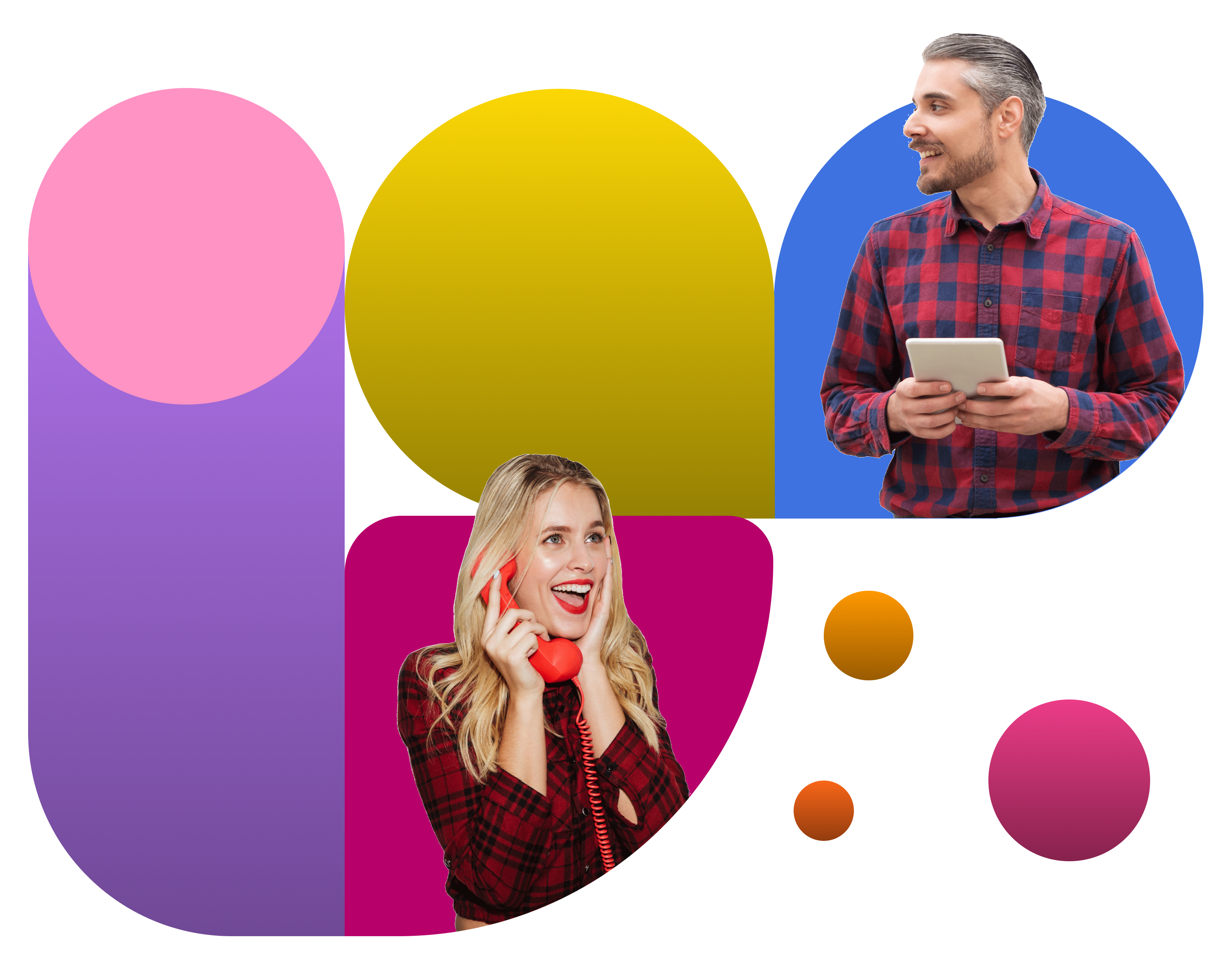 Happy woman on the telephone and a man using an iPad, both inside colorful geometric shapes.