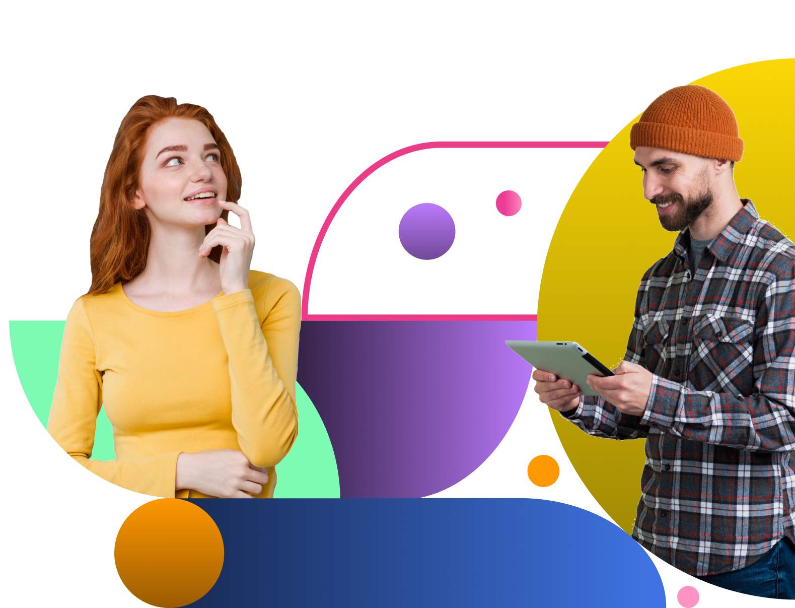 Woman pondering and woman using an iPad, framed by colourful geometric shapes