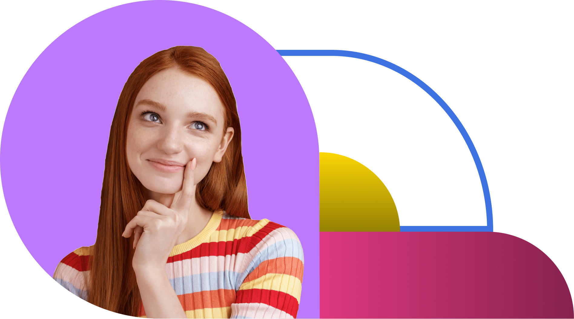 Woman in geometric shapes thoughtfully considering ideas or solutions.