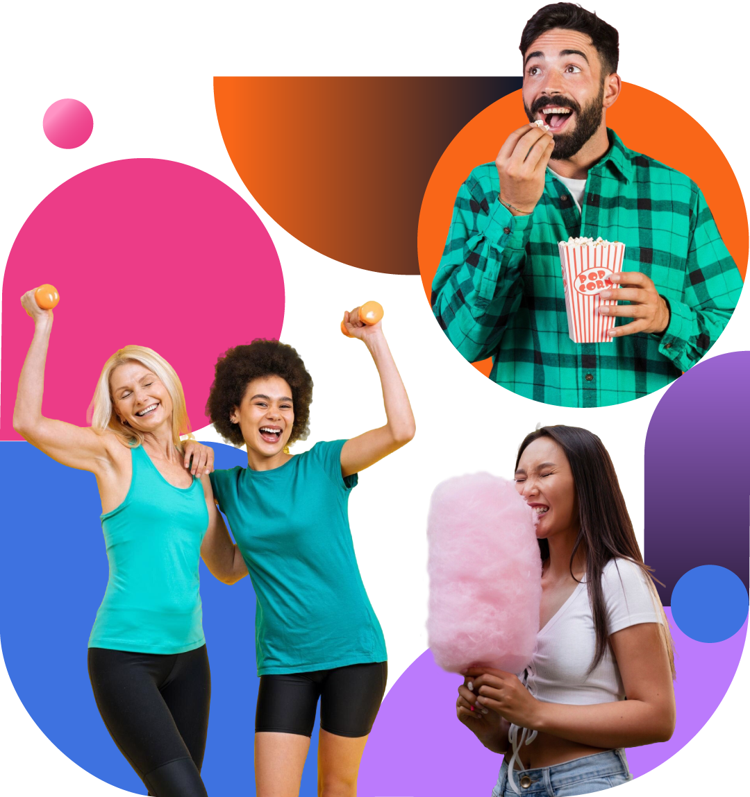 Group of people enjoying leisure activities inside colorful geometric shapes, loving employee perks list.