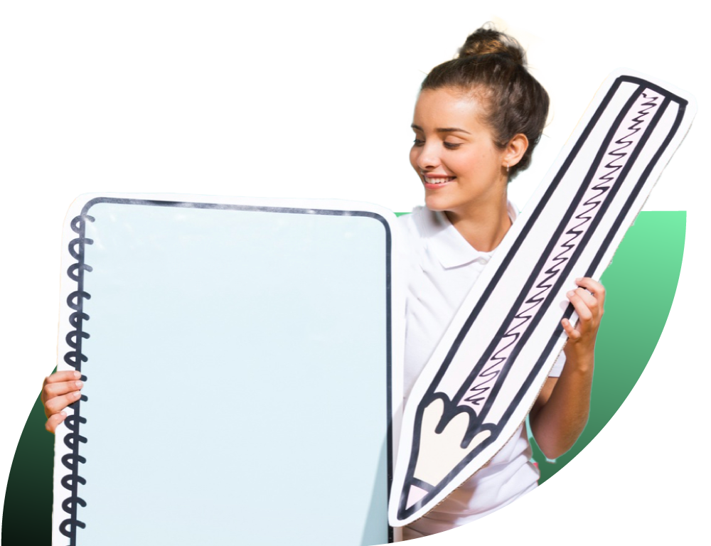 Woman with large pen and notepad writing client success stories.
