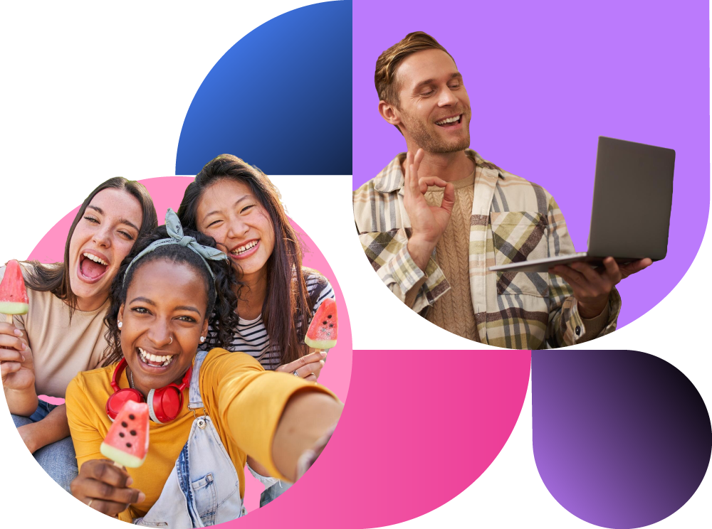 Group of people enjoying ice cream with a man using a laptop, framed by vibrant geometric shapes.